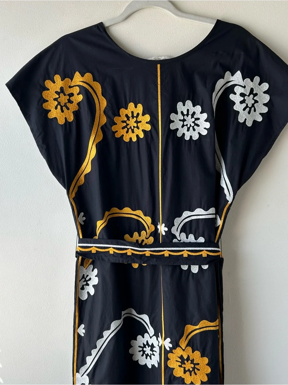Tory Burch Embroidered Cotton Poplin Caftan Midi Dress Floral Black Gold White M